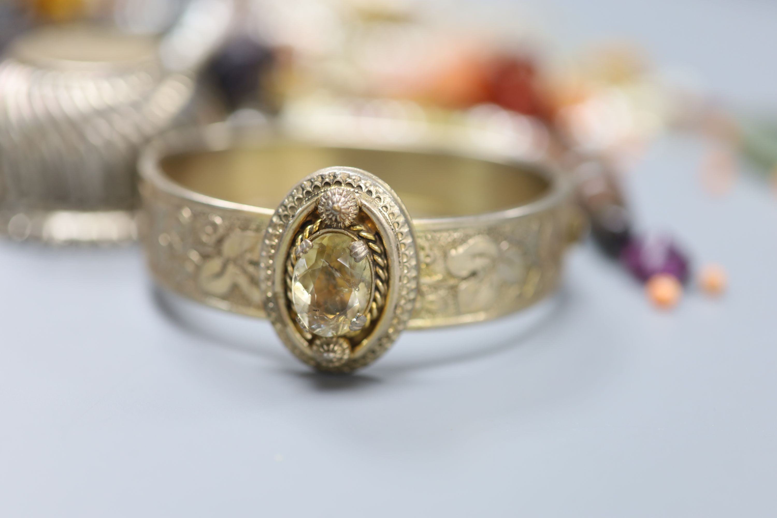 Mixed costume jewellery etc. including paste set giardinetto brooch, cut steel bangle, loose stones, silver pocket watch, etc.